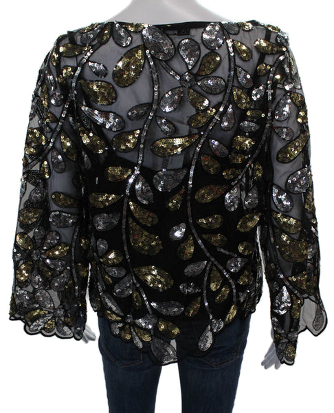 Trina Turk Womens Black Floral Boat Neck Long Sleeve Basic Blouse Size M