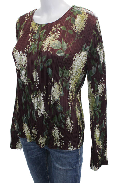 Vince Womens Floral Round Neck Long Sleeve Blouse Multicolor Zip Size L