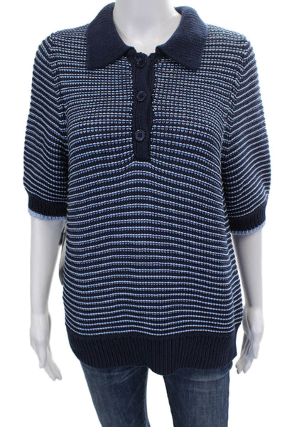 Michael Stars Women Blue Striped Cotton Collared Basic Polo 3/4 Sleeve Size L