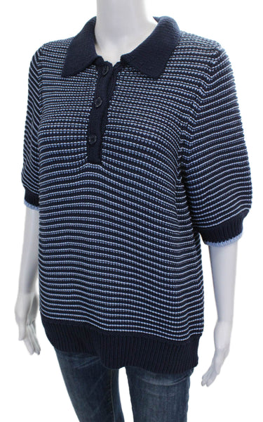 Michael Stars Women Blue Striped Cotton Collared Basic Polo 3/4 Sleeve Size L