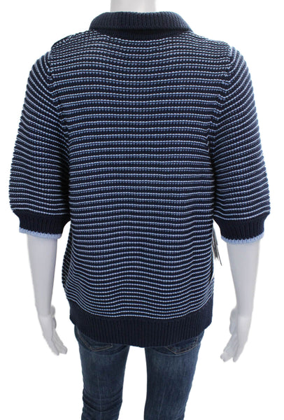 Michael Stars Women Blue Striped Cotton Collared Basic Polo 3/4 Sleeve Size L