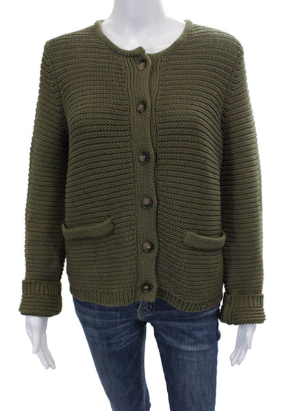 Michael Stars Women Cardigan Green Cotton Round Neck Long Sleeve Size L