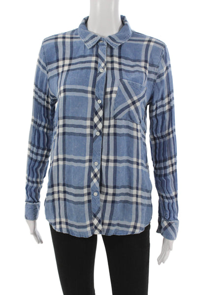 Rails Women Plaid Collared Button-Up Shirt Long Sleeve Blue Lyocell Size M