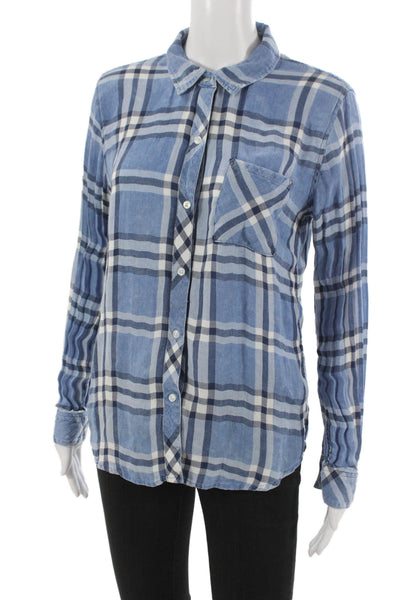 Rails Women Plaid Collared Button-Up Shirt Long Sleeve Blue Lyocell Size M
