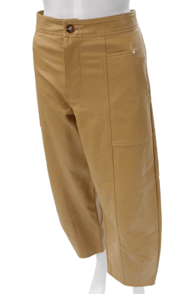 Anthropologie Women Cargo Pants Beige Faux Leather Button Size 8