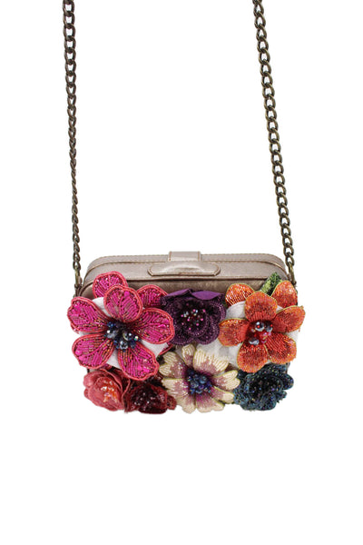 Mary Frances Womens Beaded Floral Snap Closure Shoulder Bag Multicolor