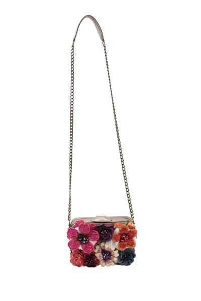 Mary Frances Womens Beaded Floral Snap Closure Shoulder Bag Multicolor