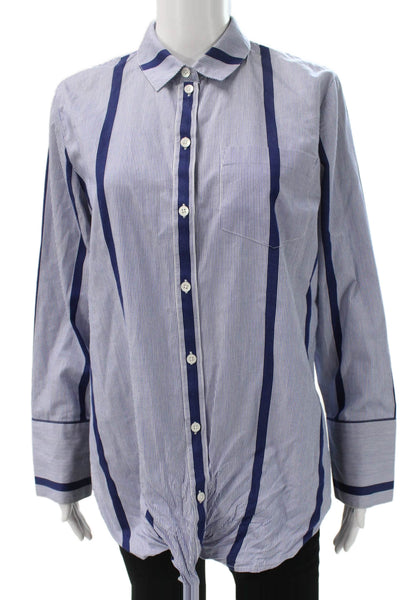 Madewell Women Tunic Button-Up Blue Striped Cotton Collared Long Sleeve Size M
