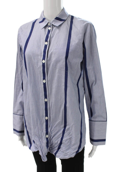 Madewell Women Tunic Button-Up Blue Striped Cotton Collared Long Sleeve Size M