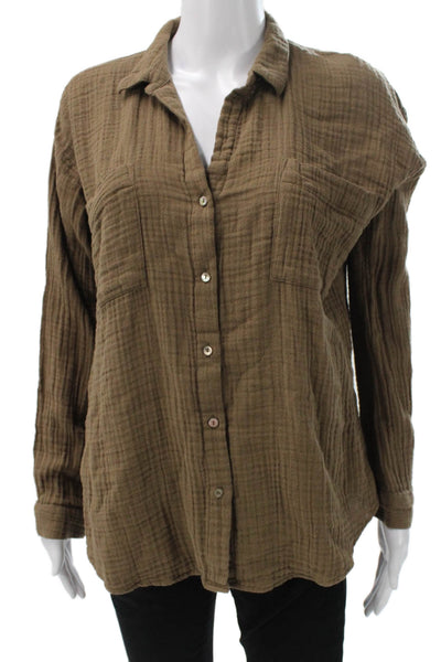 Eileen Fisher Womens Brown Organic Cotton Long Sleeve Button-Up Size PL