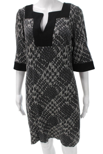 Trina Turk Women Shift Dress Gray Animal Print V-Neck 3/4 Sleeve Viscose Size 2