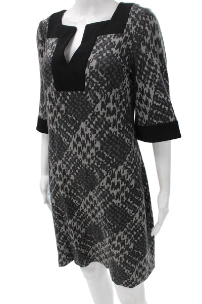 Trina Turk Women Shift Dress Gray Animal Print V-Neck 3/4 Sleeve Viscose Size 2