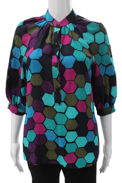Trina Turk Women Tunic Blouse Multicolor Silk Collared 3/4 Sleeve Size PP