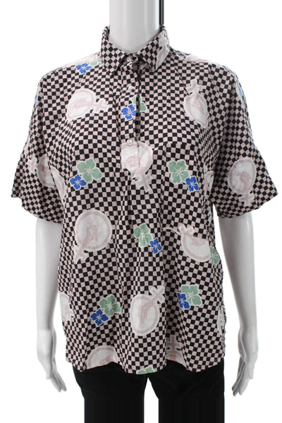 Built By Wendy Women Button-Up Multicolor Check Cotton Short Sleeve Size M