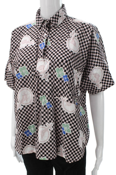 Built By Wendy Women Button-Up Multicolor Check Cotton Short Sleeve Size M