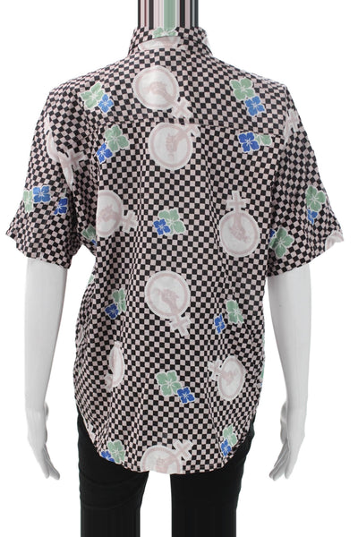 Built By Wendy Women Button-Up Multicolor Check Cotton Short Sleeve Size M
