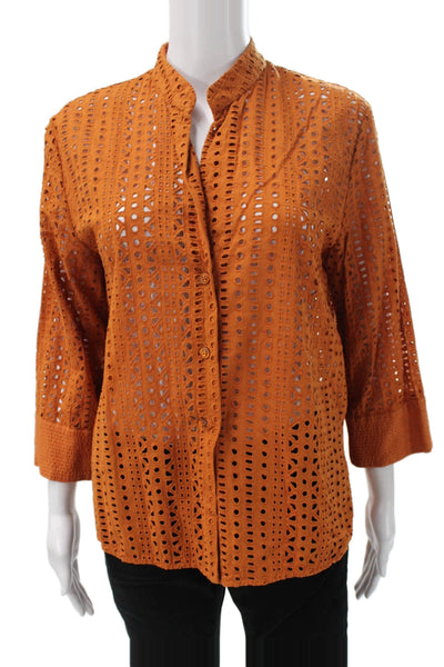 Zara Women Basic Button-Up Collared 3/4 Sleeve Orange Polyester Top Size S