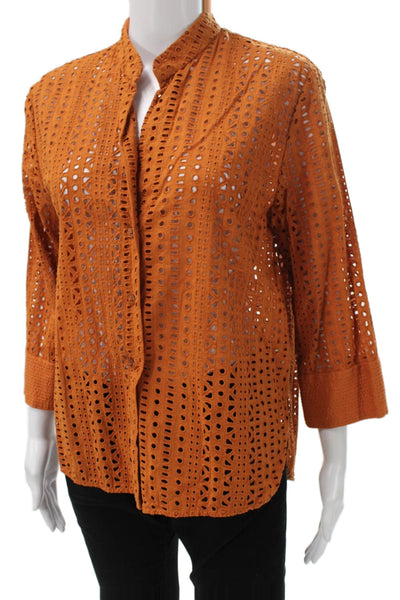 Zara Women Basic Button-Up Collared 3/4 Sleeve Orange Polyester Top Size S