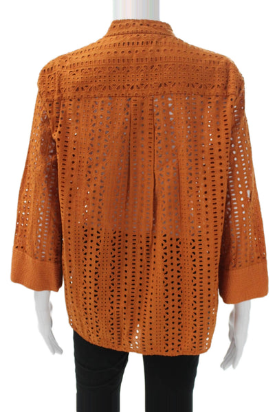 Zara Women Basic Button-Up Collared 3/4 Sleeve Orange Polyester Top Size S
