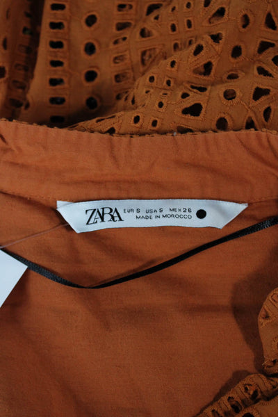 Zara Women Basic Button-Up Collared 3/4 Sleeve Orange Polyester Top Size S