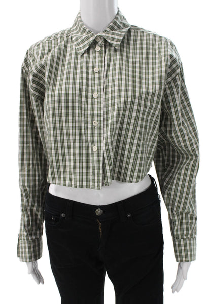 Sunday Best Women Cropped Plaid Cotton Button-Up Long Sleeve Green Size 2