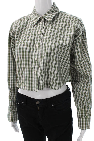 Sunday Best Women Cropped Plaid Cotton Button-Up Long Sleeve Green Size 2