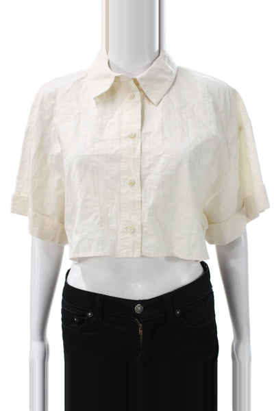 Zara Women Cropped Button Up Striped Cotton Collared Short Sleeve Top Size S