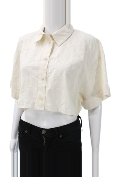 Zara Women Cropped Button Up Striped Cotton Collared Short Sleeve Top Size S