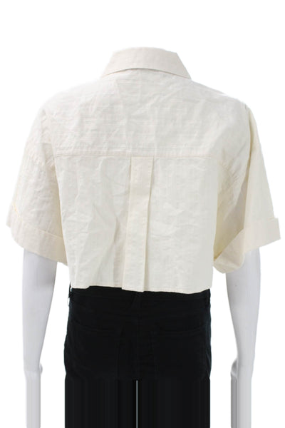 Zara Women Cropped Button Up Striped Cotton Collared Short Sleeve Top Size S