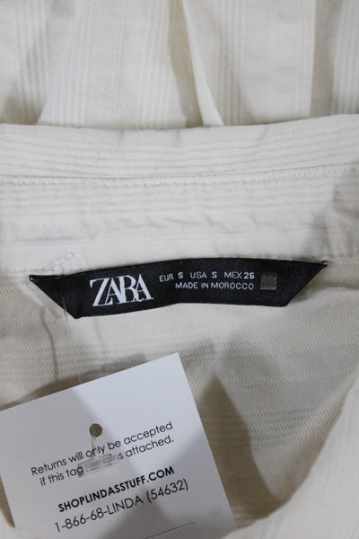 Zara Women Cropped Button Up Striped Cotton Collared Short Sleeve Top Size S