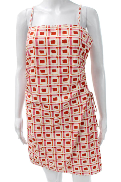 Zara Women Red Cotton Square Neck Geometric Slip Dress Sleeveless Short Size L