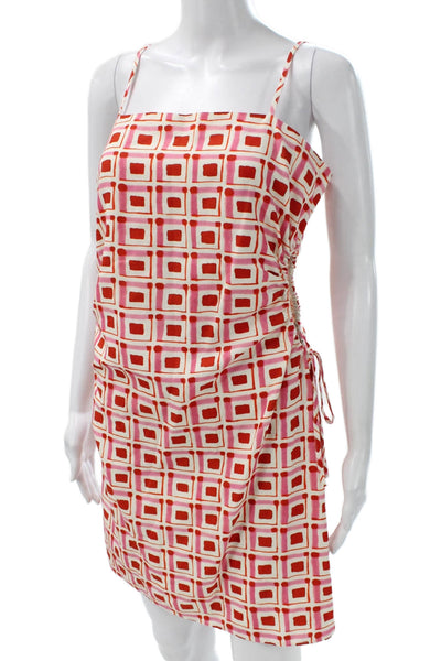 Zara Women Red Cotton Square Neck Geometric Slip Dress Sleeveless Short Size L