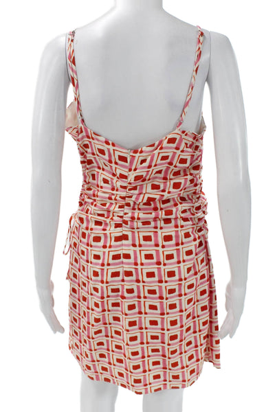 Zara Women Red Cotton Square Neck Geometric Slip Dress Sleeveless Short Size L