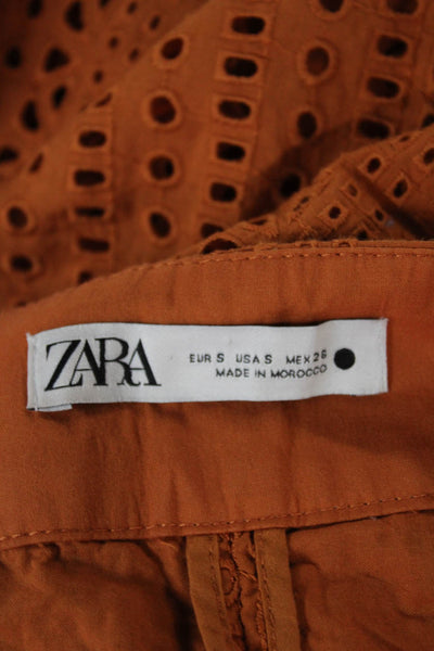 Zara Women Cropped Geometric Cotton Pants Orange Button Size S