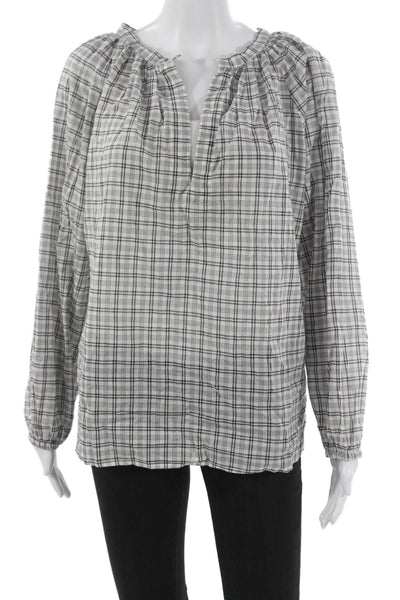 Nili Lotan Women Tunic Blouse Plaid Cotton V-Neck Long Sleeve Size M