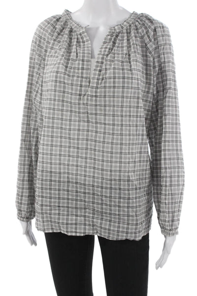Nili Lotan Women Tunic Blouse Plaid Cotton V-Neck Long Sleeve Size M