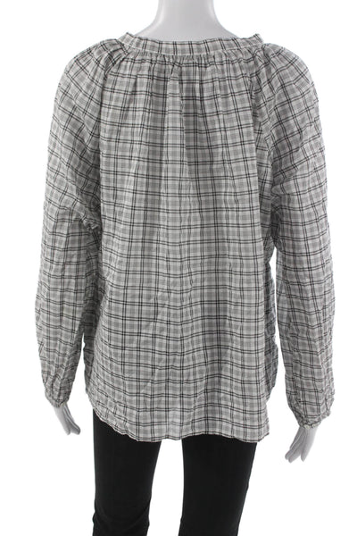 Nili Lotan Women Tunic Blouse Plaid Cotton V-Neck Long Sleeve Size M