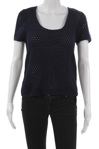 Vince Women Pullover Sweater Short Sleeve Scoop Neck Blue Cotton Size M