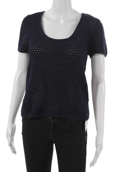 Vince Women Pullover Sweater Short Sleeve Scoop Neck Blue Cotton Size M