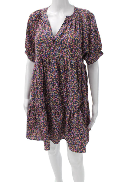 Entro Women Trapeze Dress Multicolor Floral V-Neck Mini Size S