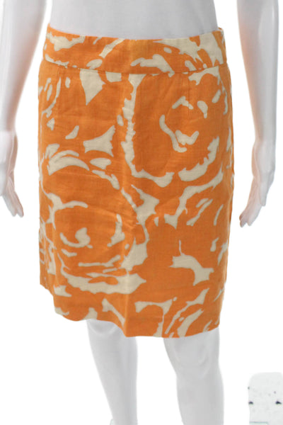 J Crew Womens Straight Pencil Skirt Orange Floral Linen Knee Length Zip Size 4
