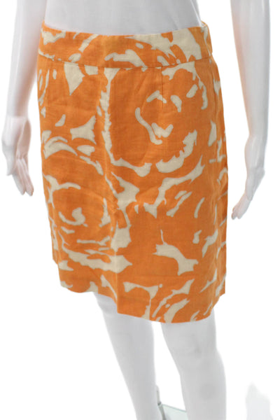 J Crew Womens Straight Pencil Skirt Orange Floral Linen Knee Length Zip Size 4