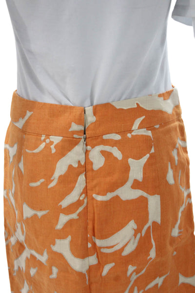 J Crew Womens Straight Pencil Skirt Orange Floral Linen Knee Length Zip Size 4