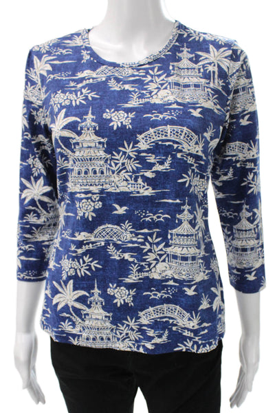 J. Mclaughlin Womens Blue Floral Basic 3/4 Sleeve T-Shirt Round Neck Size S