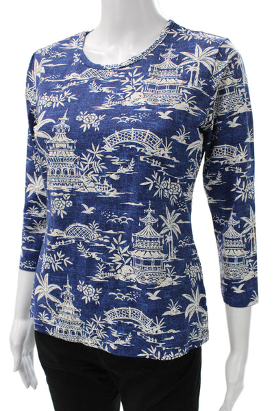 J. Mclaughlin Womens Blue Floral Basic 3/4 Sleeve T-Shirt Round Neck Size S