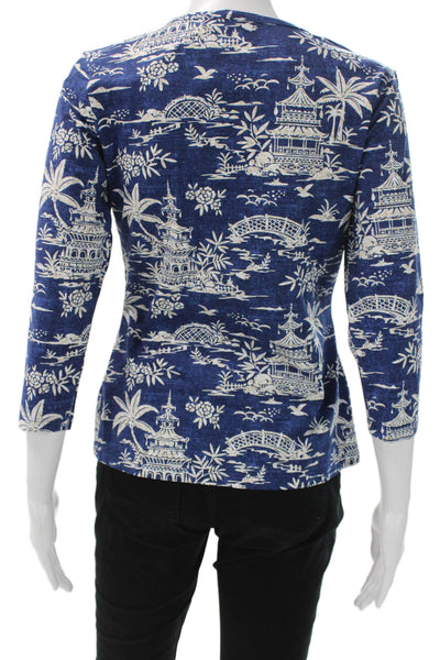 J. Mclaughlin Womens Blue Floral Basic 3/4 Sleeve T-Shirt Round Neck Size S