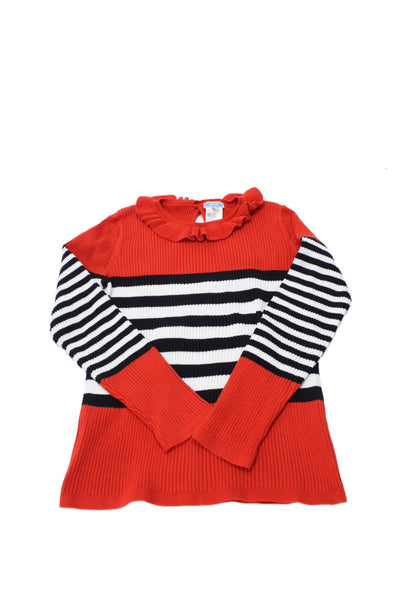 Jacadi Girls Long Sleeve Ruffled Crew Neck Ribbed Striped Sweater Red Size 12