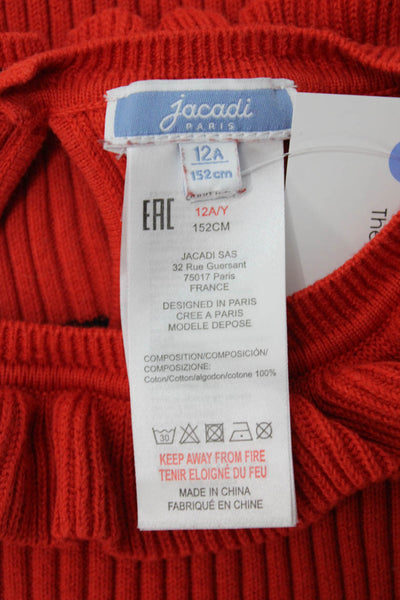 Jacadi Girls Long Sleeve Ruffled Crew Neck Ribbed Striped Sweater Red Size 12