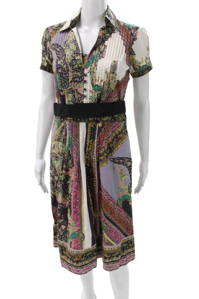 Etro Womens Shirt Dress Multicolor Collared Short Sleeve Paisley Midi Size 42