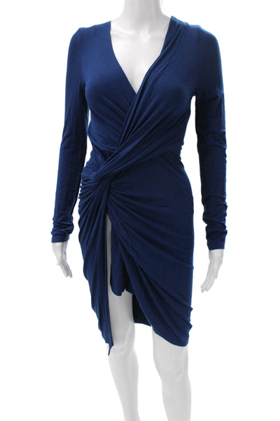 Donna Karan Women Wrap Dress Blue Long Sleeve V-Neck Tie Midi Polyester Size S